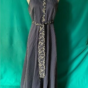 Abbey Glass Navy and White Striped Sleeveless Maxi Dress w/Floral Tie & Collar